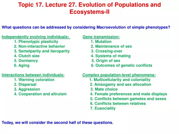 topic 17 lecture 27 evolution of populations