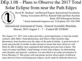 DEp.1.08 – Plans to Observe the 2017 Total Solar Eclipse from near the Path Edges