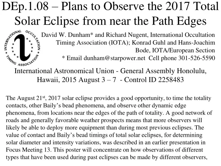 dep 1 08 plans to observe the 2017 total solar eclipse from near the path edges