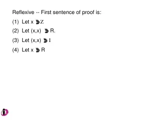 Reflexive -- First sentence of proof is:   Let x   Z    Let (x,x)  R.   Let (x,x)   I