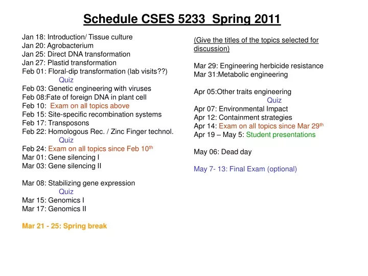 schedule cses 5233 spring 2011