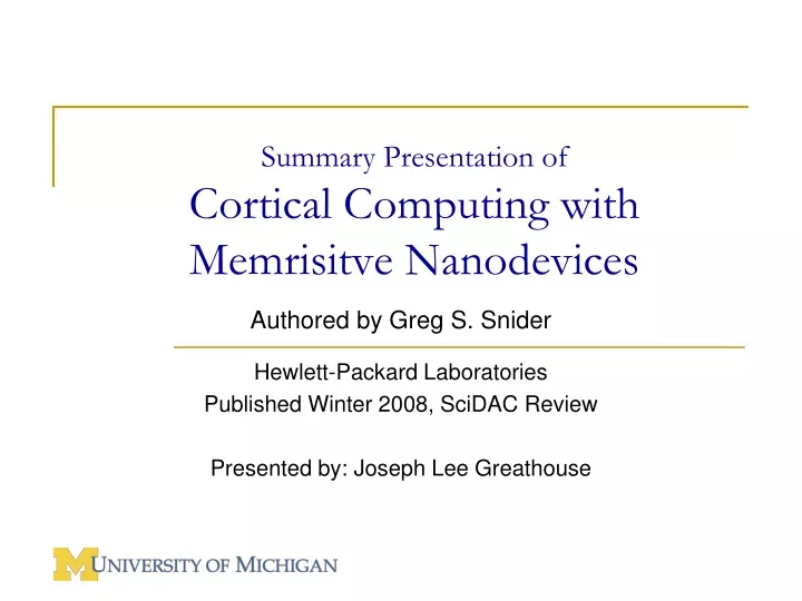 summary presentation of cortical computing with memrisitve nanodevices
