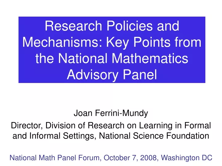 research policies and mechanisms key points from the national mathematics advisory panel