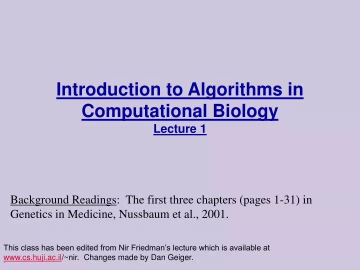 introduction to algorithms in computational biology lecture 1