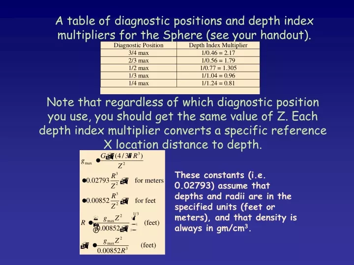 a table of diagnostic positions and depth index