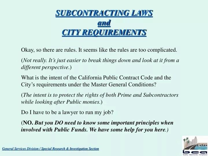 subcontracting laws and city requirements