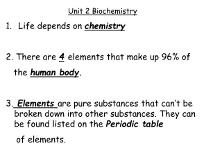 Unit 2 Biochemistry Life depends on  chemistry 2. There are  4 elements that make up 96% of