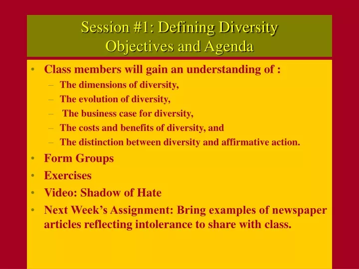 session 1 defining diversity objectives and agenda
