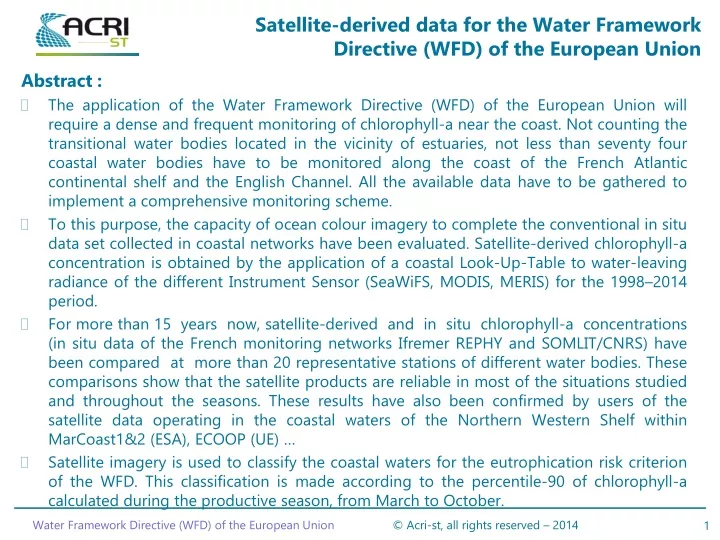 satellite derived data for the water framework directive wfd of the european union