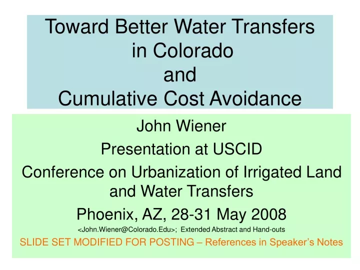 toward better water transfers in colorado and cumulative cost avoidance