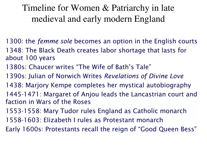 timeline for women patriarchy in late medieval and early modern england