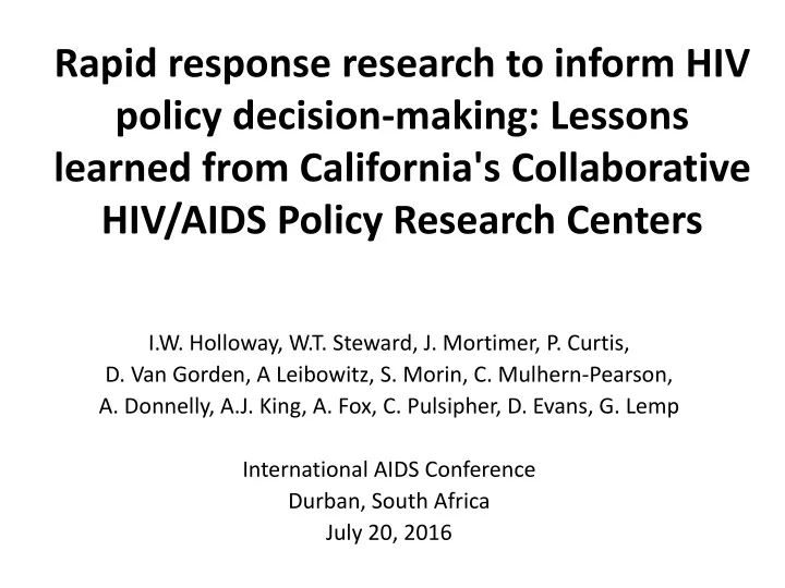 rapid response research to inform hiv policy