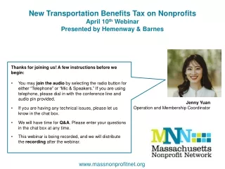 New Transportation Benefits Tax on Nonprofits April 10 th  Webinar Presented by Hemenway &amp; Barnes
