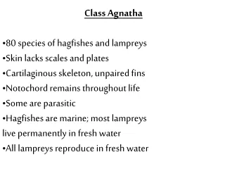 Class Agnatha 80 species of hagfishes and lampreys Skin lacks scales and plates