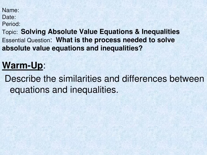 name date period topic solving absolute value