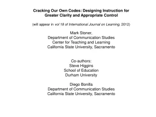 Cracking Our Own Codes: Designing Instruction for Greater Clarity and Appropriate Control