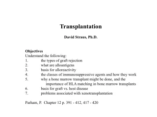Transplantation David Straus, Ph.D. Objectives  Understand the following: