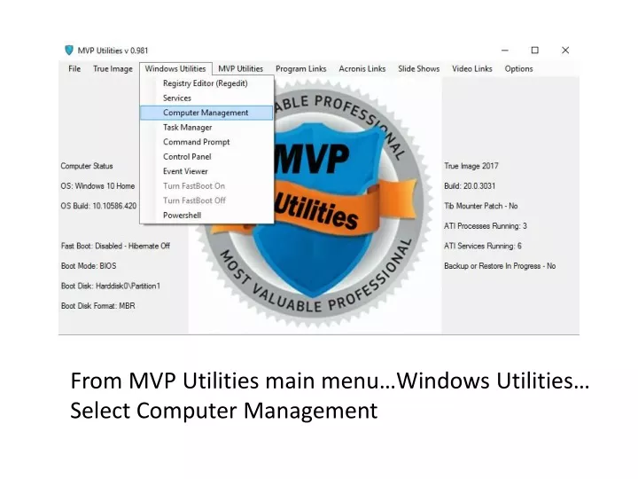 from mvp utilities main menu windows utilities
