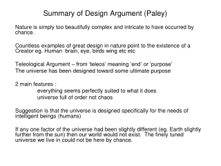 Summary of Design Argument (Paley)