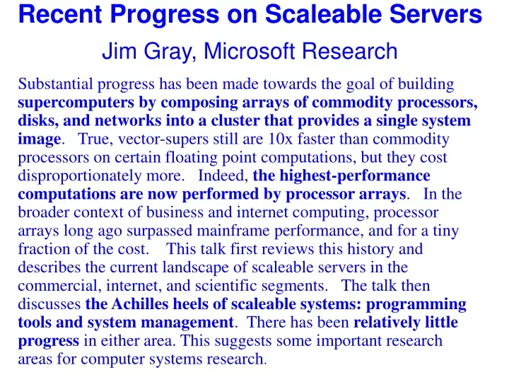 recent progress on scaleable servers jim gray microsoft research