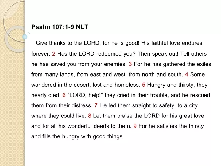 psalm 107 1 9 nlt give thanks to the lord