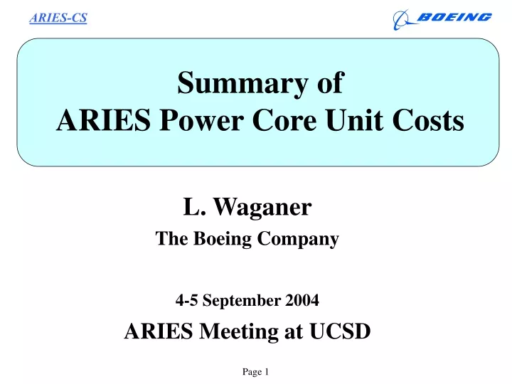 summary of aries power core unit costs