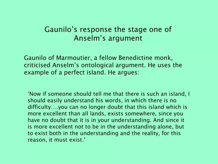 gaunilo s response the stage one of anselm