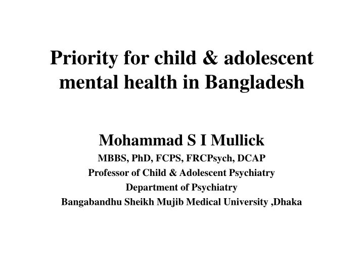 priority for child adolescent mental health in bangladesh
