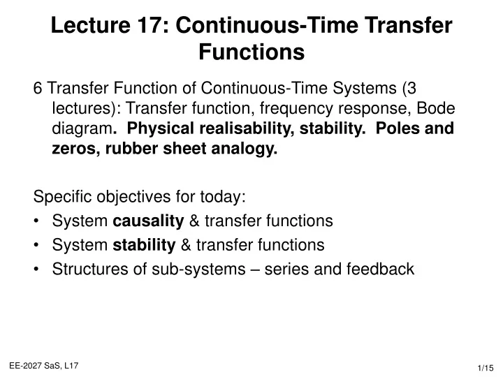 lecture 17 continuous time transfer functions