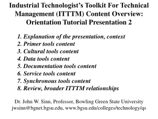 Industrial Technologist’s Toolkit For Technical Management (ITTTM) Content Overview: