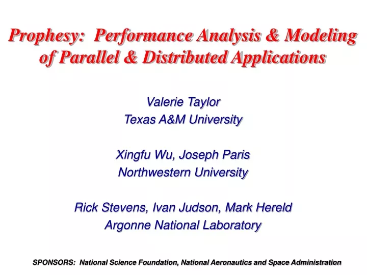 prophesy performance analysis modeling of parallel distributed applications