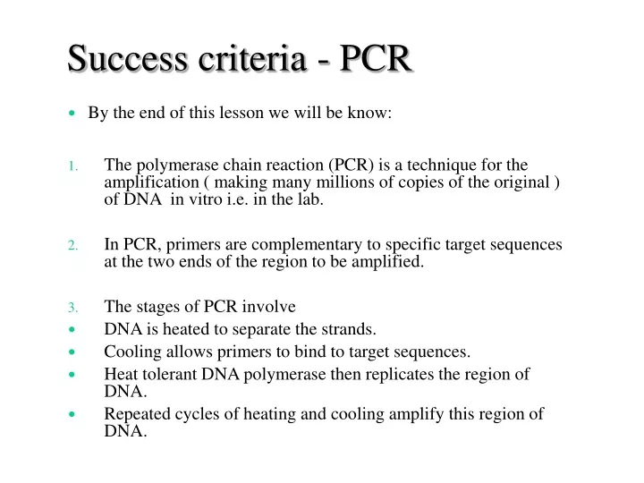 success criteria pcr