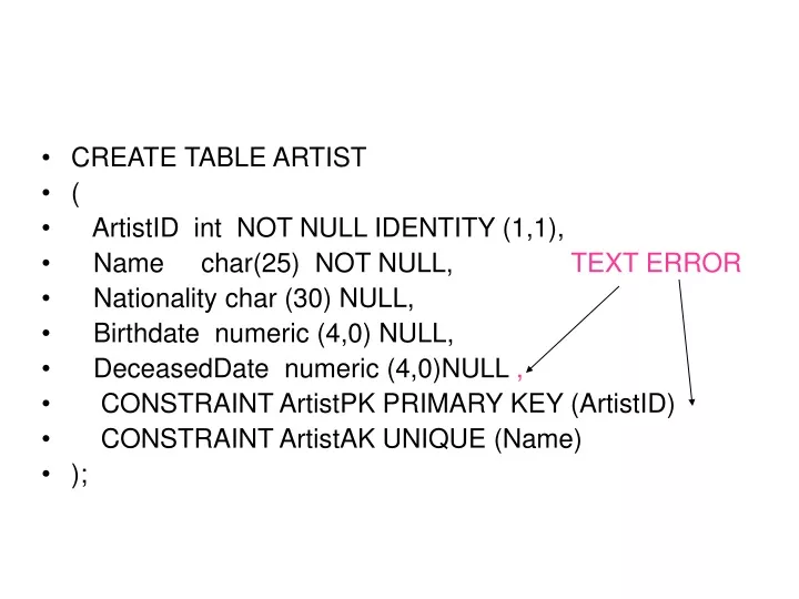 create table artist artistid int not null