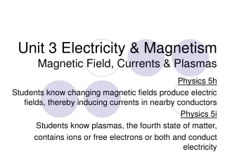 Unit 3 Electricity &amp; Magnetism Magnetic Field, Currents &amp; Plasmas