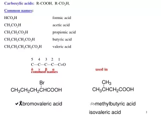 Carboxylic acids:  R-COOH,  R-CO 2 H, Common names : HCO 2 H			formic acid