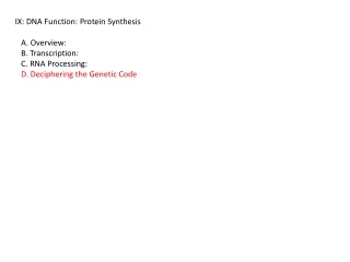 IX: DNA Function: Protein Synthesis    A. Overview:    B. Transcription:    C. RNA Processing: