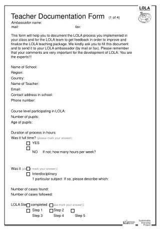 Teacher Documentation Form   (1 of 4) Ambassador name: mail:  			fax: