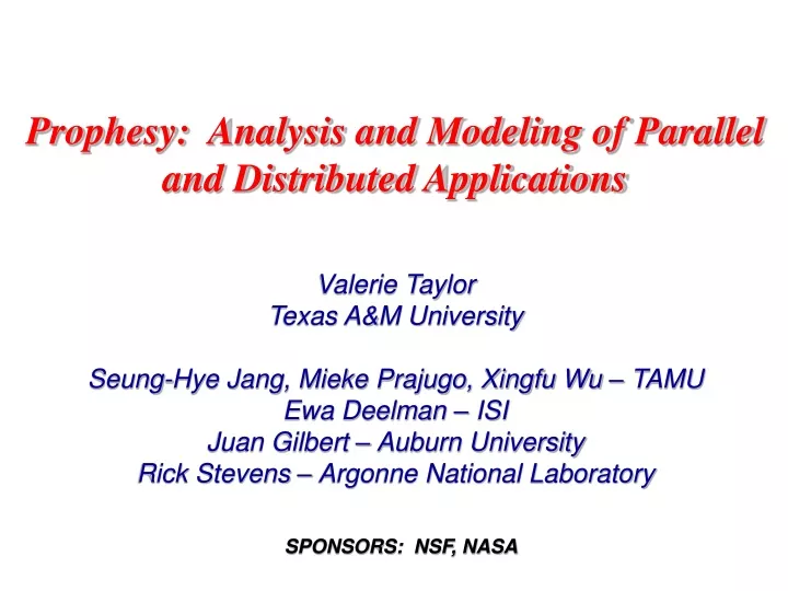 prophesy analysis and modeling of parallel and distributed applications