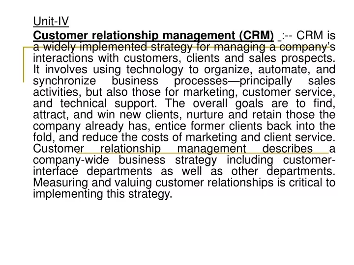 unit iv customer relationship management