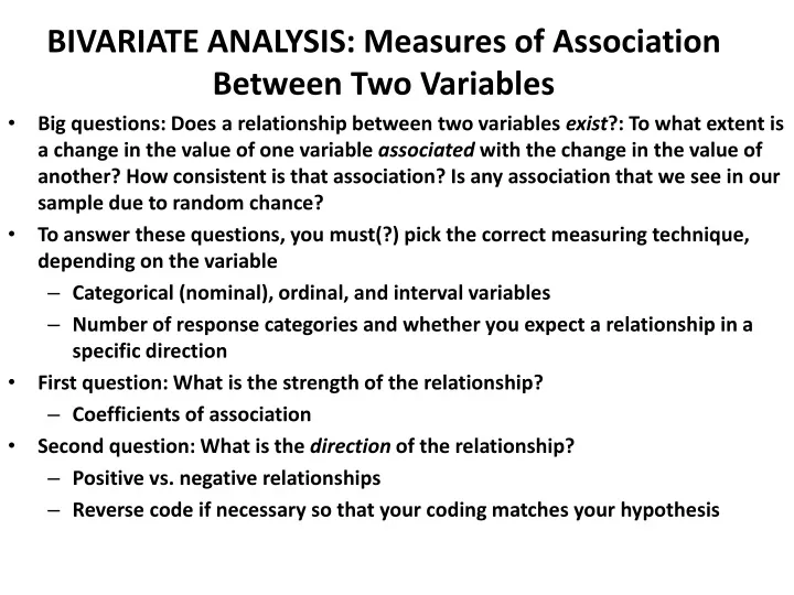 bivariate analysis measures of association between two variables