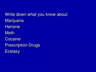 Write down what you know about Marijuana Heroine Meth Cocaine Prescription Drugs Ecstasy