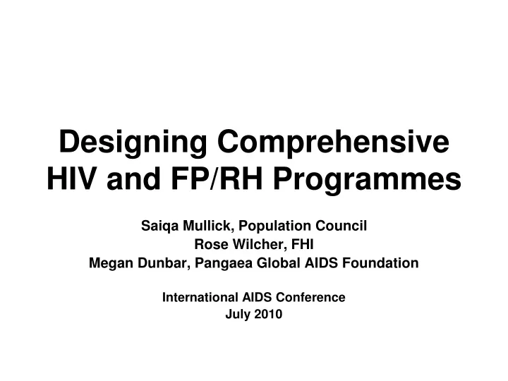 designing comprehensive hiv and fp rh programmes