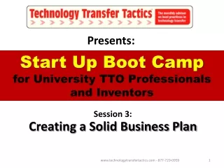 Start Up Boot Camp  for University TTO Professionals and Inventors