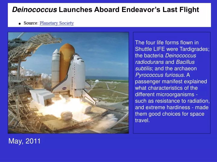 deinococcus launches aboard endeavor s last flight