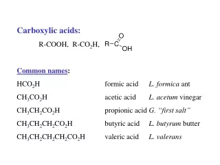 Carboxylic acids: R-COOH,  R-CO 2 H, Common names : HCO 2 H			formic acid	 L. formica  ant