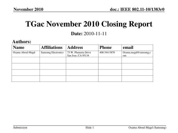 tgac november 2010 closing report