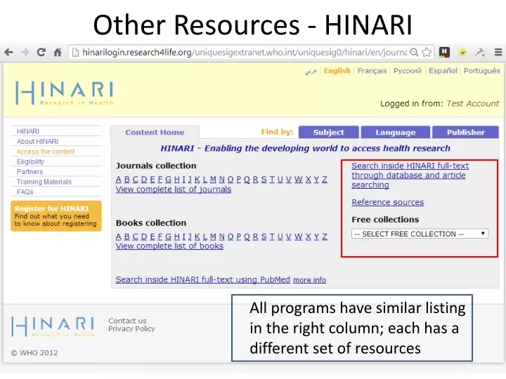 other resources hinari