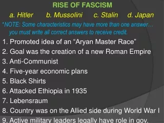 RISE OF FASCISM a. Hitler       b. Mussolini      c. Stalin     d. Japan