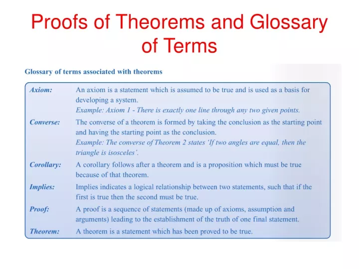 proofs of theorems and glossary of terms