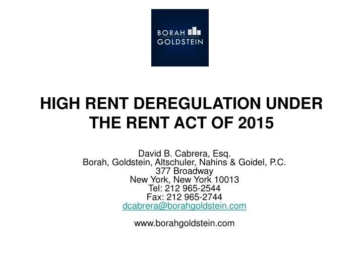 high rent deregulation under the rent act of 2015